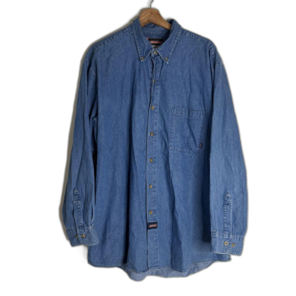 Dickies Shirt Mens XL Blue Denim Long Sleeve Button Up Pocket Workwear 90s retro - Picture 1 of 9